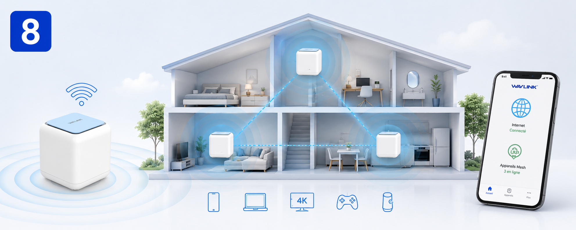 Configuration rapide du système Wi-Fi Mesh WAVLINK via application mobile ou interface web avec gestion centralisée