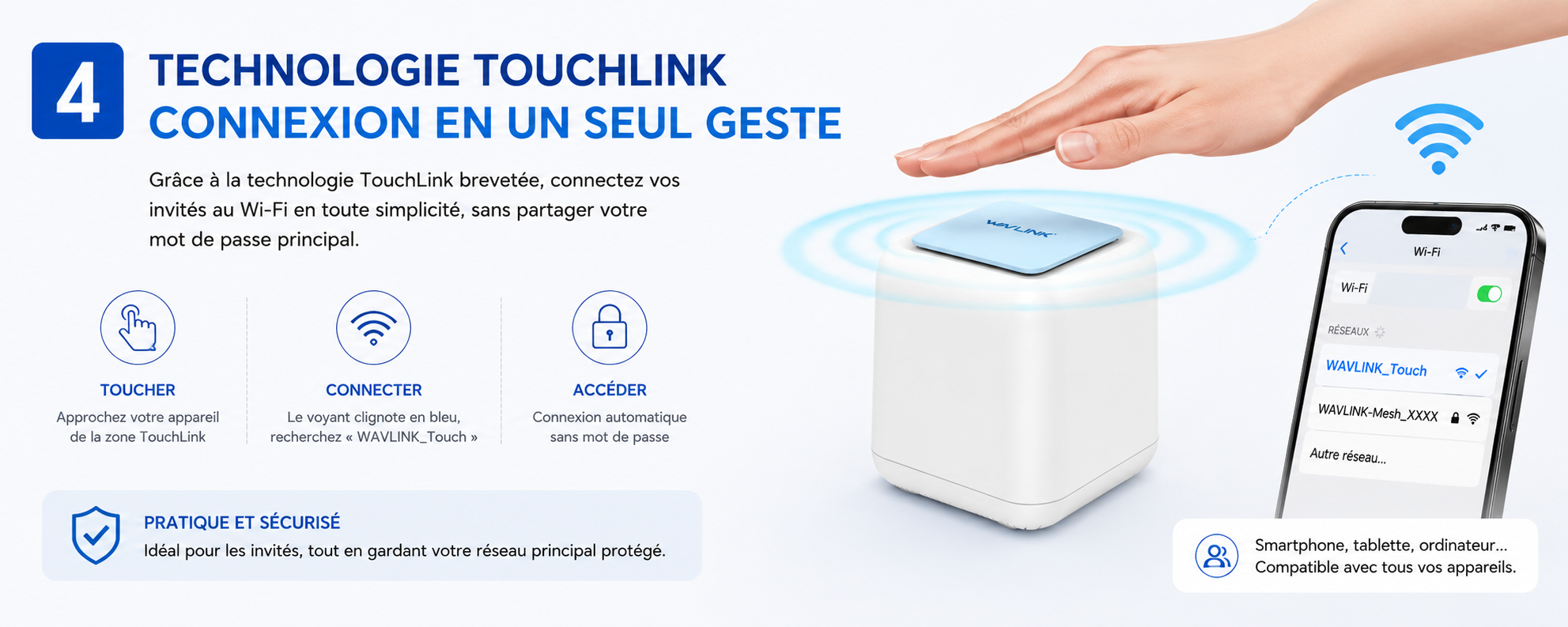 Technologie TouchLink WAVLINK permettant aux invités de se connecter rapidement au Wi-Fi sans saisir de mot de passe